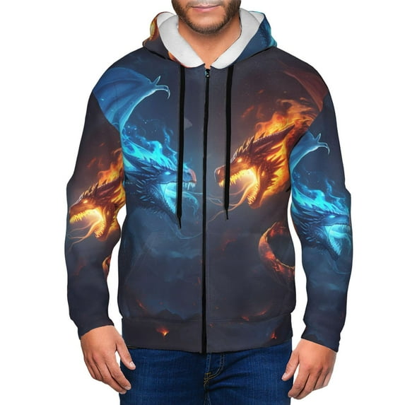 Vsdgher Red And Blue Fire Dragon C Mens Hoodies Zip Hoodie, Hoodies for Men, Zip-up Hooded Sweatshirt-Medium