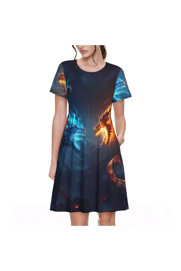 Red And Blue Fire Dragon C for Womens Summer 2025 Casual Midi Maxi Dresses Lightweight Short Sleeve Round Neck Beach Dress -Small