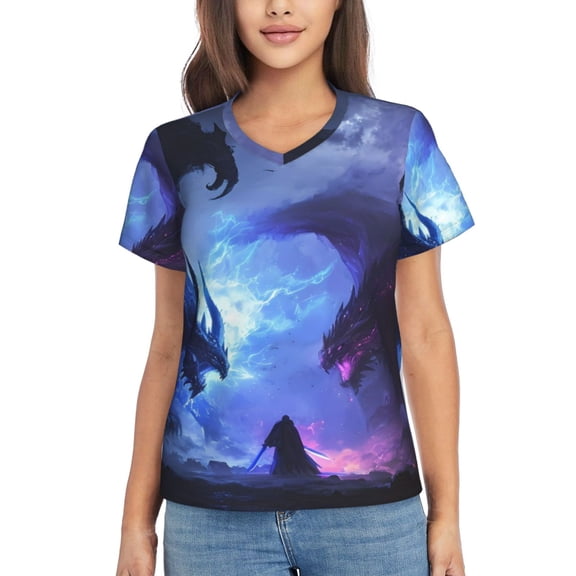 Vsdgher Red And Blue Fire Dragon Women Shirts V Neck Short Sleeve Tops T-Shirt Basic Tees, S to 3XLSmall