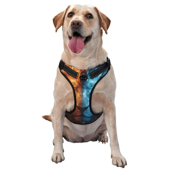 Vsdgher Red And Blue Fire Lion Pattern Dog Harness,No Pull Pet Harness with Soft Padded Handle,Adjustable Reflective Vest with 2 Buckles,4 Slide Buckles,S-XL Medium