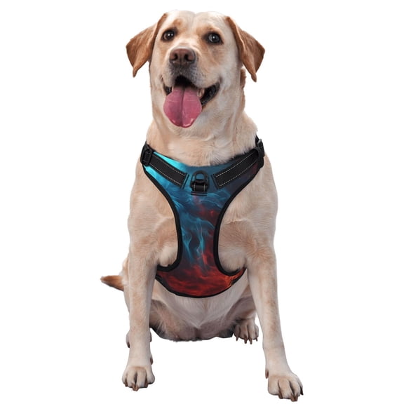 Vsdgher Red And Blue Fire Pattern Dog Harness,No Pull Pet Harness with Soft Padded Handle,Adjustable Reflective Vest with 2 Buckles,4 Slide Buckles,S-XL Medium