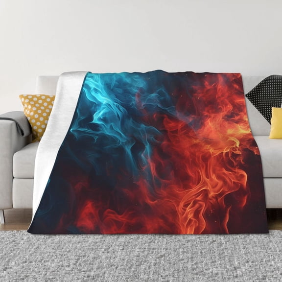 Vsdgher Red And Blue Fire Pattern Fleece Throw Blanket, Horizontal Fleece Bedding Home Decor for Couch & Bed All Season Use -80"x60"