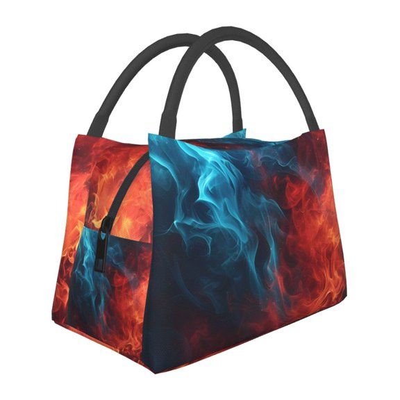 Vsdgher Red And Blue Fire Print Insulated Reusable Bags with Sturdy Zipper and Handles, Foldable Totes for Hot or Cold Food Bring or Delivery