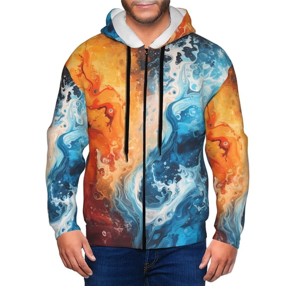 Vsdgher Red And Blue Waves Mens Hoodies Zip Hoodie, Hoodies for Men, Zip-up Hooded Sweatshirt-3X-Large