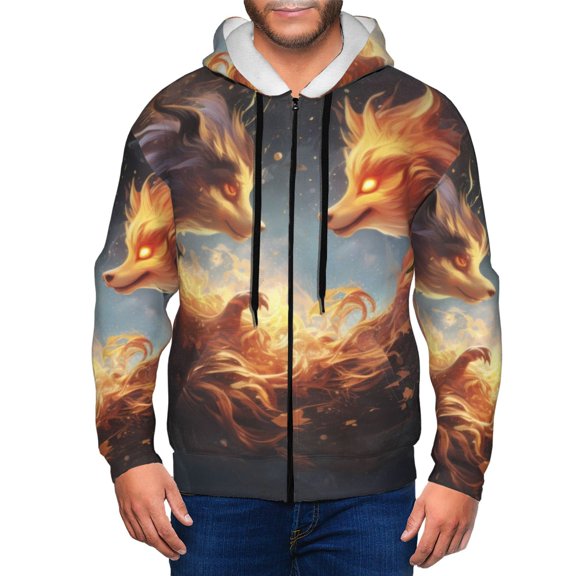 Vsdgher Red And Gray Flame Fox Mens Hoodies Zip Hoodie, Hoodies for Men, Zip-up Hooded Sweatshirt-Small