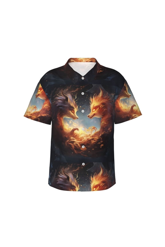 Red And Gray Flame Fox Print Men's Hawaiian Shirts Button Down Tropical Holiday Beach Shirts Vacation Clothes,