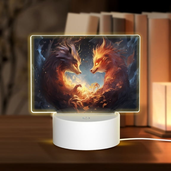 Vsdgher Red And Gray Flame Fox Rectangular Acrylic Night Light Acrylic Sleep Night Light Friend Gifts for Birthday Gifts for Women Teens Boys Girls