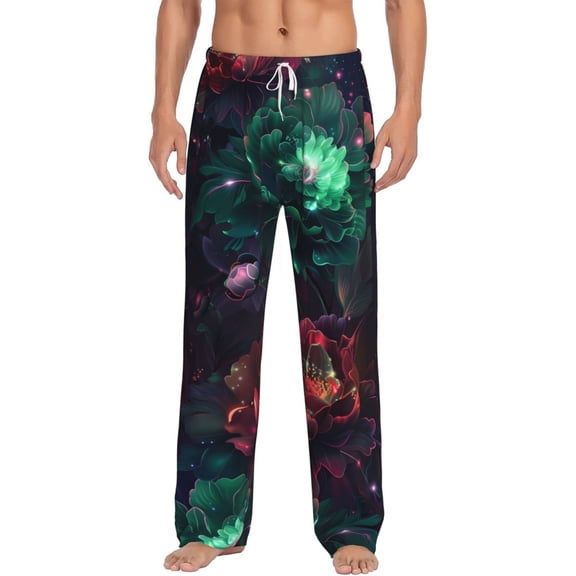 Vsdgher Red And Green Carnation Print Mens Pajama Pants Sleep & Lounge Pants, PJ Bottoms With elastic waistb and Pockets