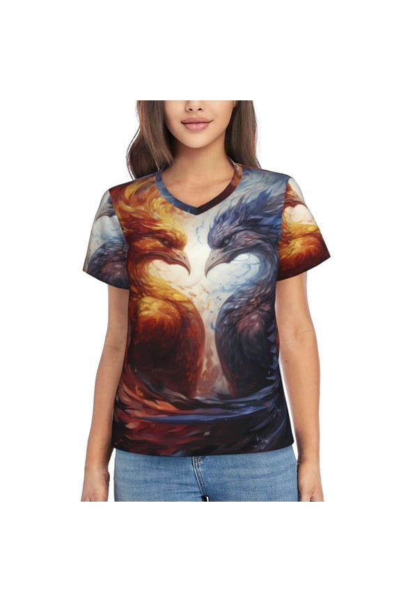 Red And White Fire Bird Women Shirts V Neck Short Sleeve Tops T-Shirt Basic Tees, S to 3XLXX-Large