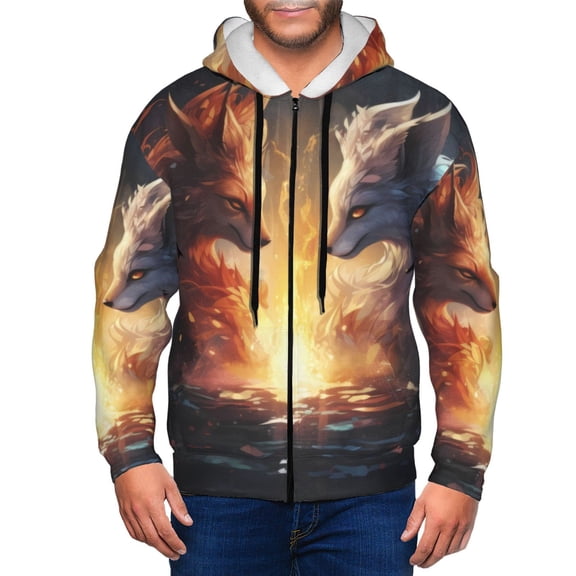 Vsdgher Red And White Flame Fox Mens Hoodies Zip Hoodie, Hoodies for Men, Zip-up Hooded Sweatshirt-Large