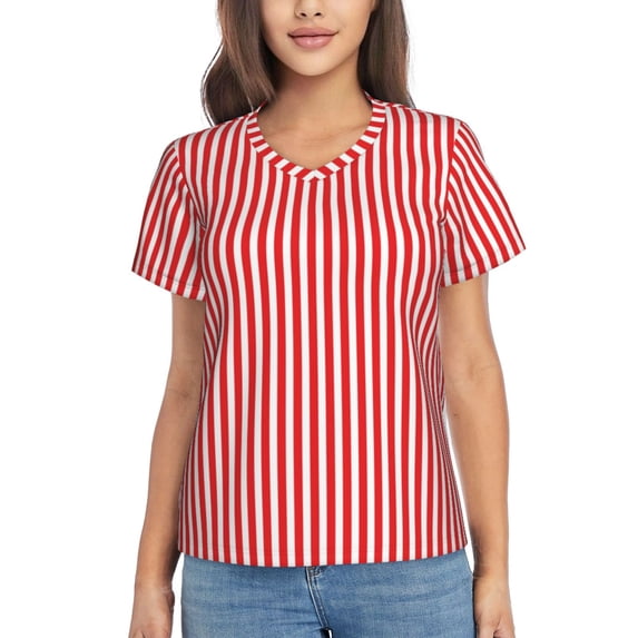 Vsdgher Red And White Stripes Women Shirts V Neck Short Sleeve Tops T-Shirt Basic Tees, S to 3XLSmall