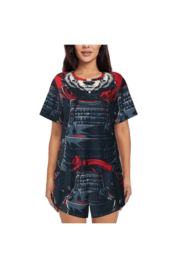 Red Black Eastern Panda Warrior Pattern Womens Pajamas 2 Piece Short Sleeve Sleepwear Set,Summer Soft Pajamas Set Casual Lounge Sets, 2-Piece Pj -X-Large