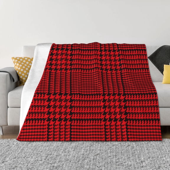 Vsdgher Red Black Houndstooth Pattern Fleece Throw Blanket, Horizontal Fleece Bedding Home Decor for Couch & Bed All Season Use -80"x60"