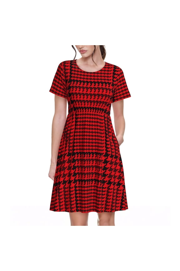 Red Black Houndstooth for Womens Summer 2025 Casual Midi Maxi Dresses Lightweight Short Sleeve Round Neck Beach Dress -3X-Large