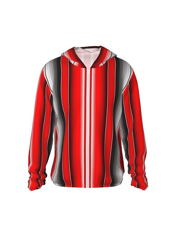Red Black and White Serape Blanket Stripes Print Adult Hoodie Shirts Rash Guard for Men Women,Long Sleeve Sun Protection Fishing Shirts for Athletic Running Swim-Large