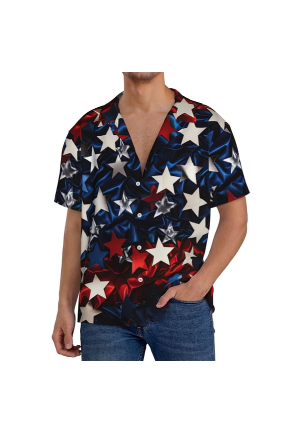 Red Blue White Stars Men's Cuban Shirt, Hawaiian Shirts, Business Casual Button Down Shirts, Short Sleeve Shirt-Small