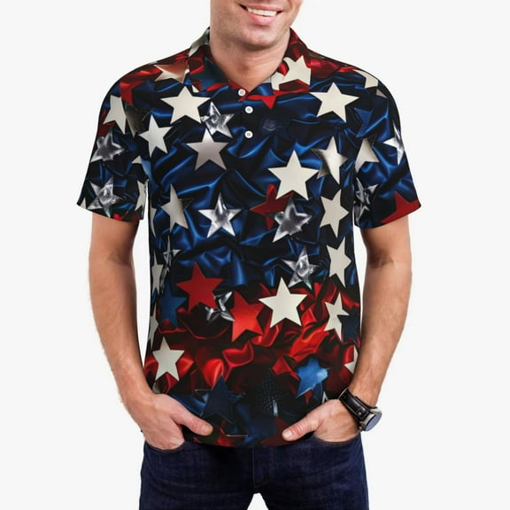 Vsdgher Red Blue White Stars Polo Shirts for Men, Men's Short Sleeve Stretch Polo Shirt, Shirts for Men-Small