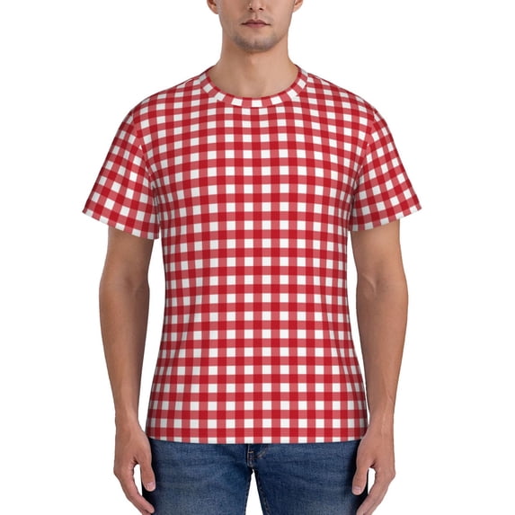 Vsdgher Red Checkboard Print Men's Dry Fit Mesh Athletic Shirts Moisture Wicking Tennis T-Shirt Tops