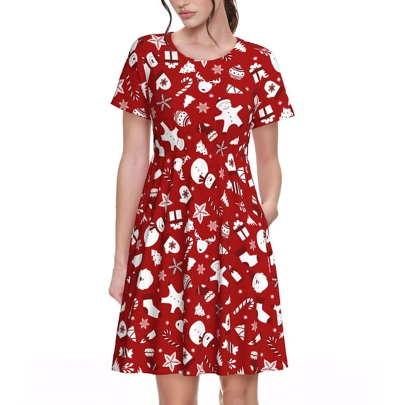 Vsdgher Red Christmas Cheer. for Womens Summer 2025 Casual Midi Maxi Dresses Lightweight Short Sleeve Round Neck Beach Dress -X-Large