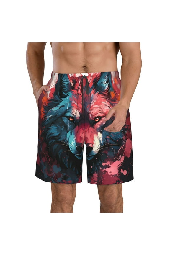 Red Flame Wolf Head Men's Beach Shorts, Surfing shorts, Swim trunks, Quick Dry Swim Trunks for Surfing Beach Fun -3X-Large