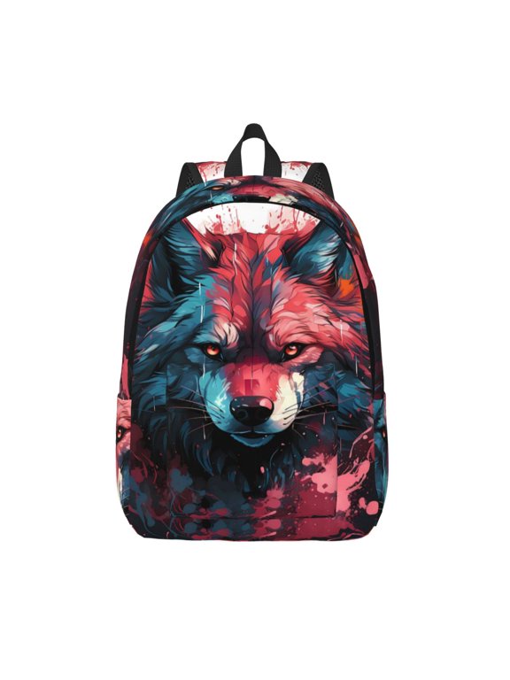 Red Flame Wolf Head Print Canvas Backpack Travel Rucksack Unisex Knapsack 15.7/17.7Inch Laptop Backpack for Work,College -Medium