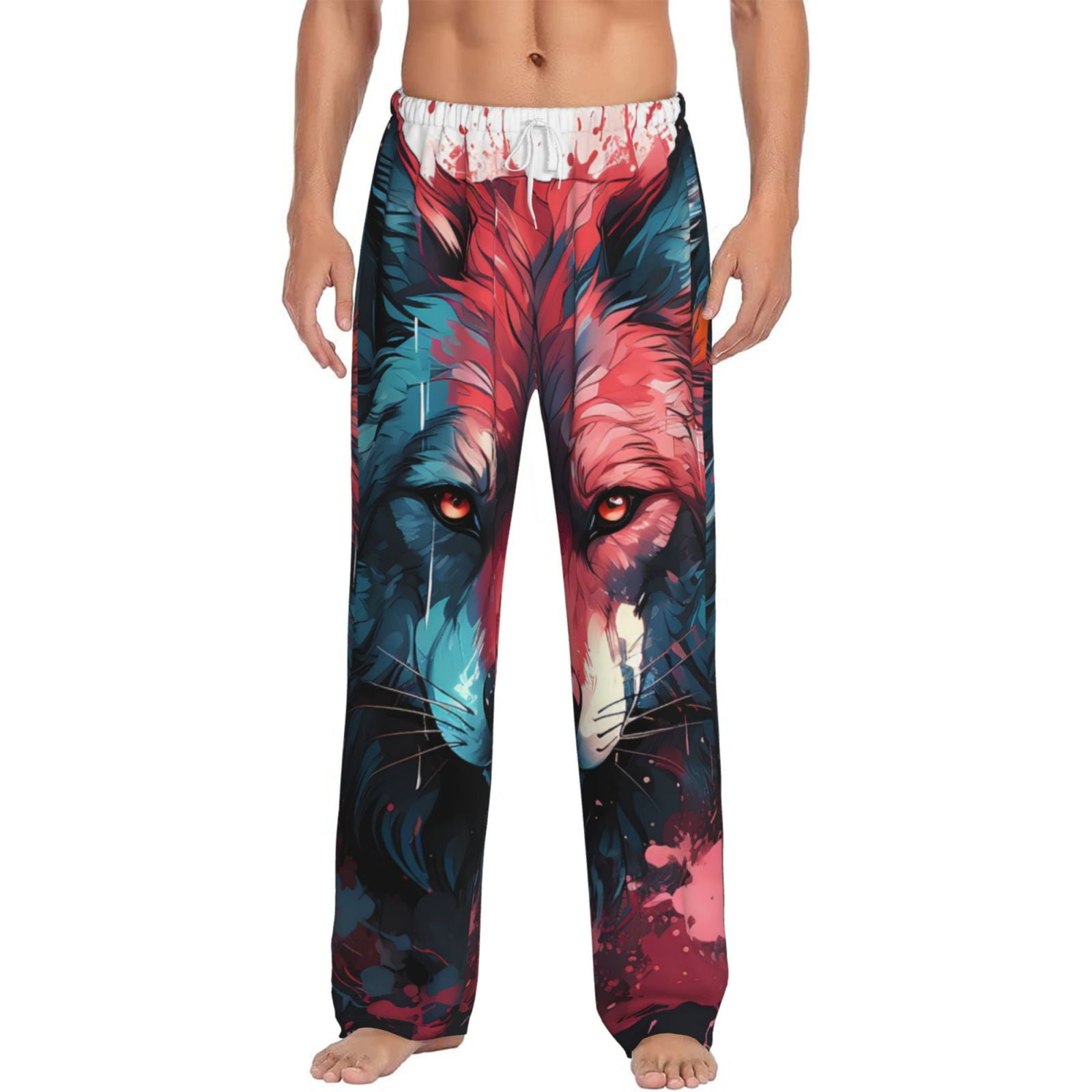 Vsdgher Red Flame Wolf Head Print Mens Pajama Pants Sleep Lounge Pants PJ Bottoms With elastic waistb and Pockets Walmart