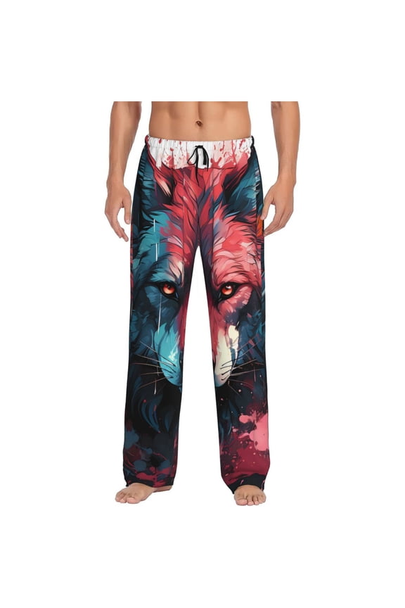 Red Flame Wolf Head Print Mens Pajama Pants Sleep & Lounge Pants, PJ Bottoms With elastic waistb and Pockets