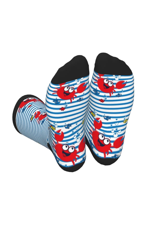 Red Funny Crab on Blue Stripe Unisex Crew Socks Lightweight Breathable Ventilation Ankle Socks, Mid-calf socks for Daily