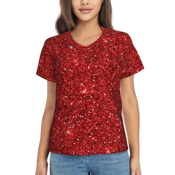 Vsdgher Red Glitter Women Shirts V Neck Short Sleeve Tops T-Shirt Basic Tees, S to 3XLX-Large