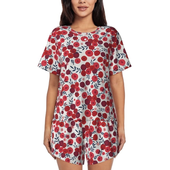 Vsdgher Red Hawthorn Pattern Womens Pajamas 2 Piece Short Sleeve Sleepwear Set,Summer Soft Pajamas Set Casual Lounge Sets, 2-Piece Pj -X-Large