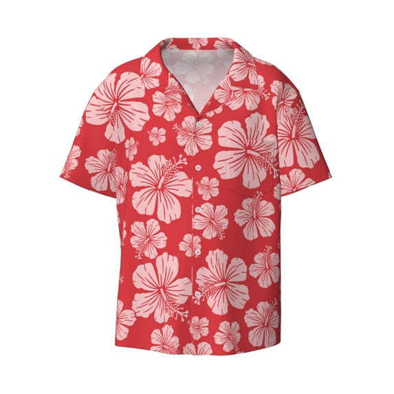 Vsdgher Red Hibiscus Flower Print Men's Wrinkle Free Untucked Cuban Shirt Business Casual Button Down Shirts Short Sleeve Shirt