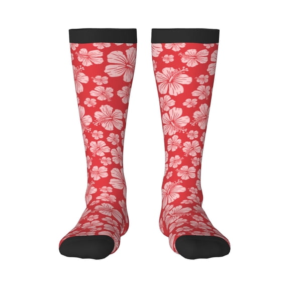 Vsdgher Red Hibiscus Flower Print Thigh High Socks Extra Long Stretchy Sock Women Over Knee High Opaque Stocking Daily Wear