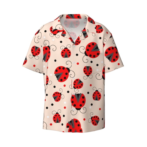 Vsdgher Red Ladybug Print Men's Wrinkle Free Untucked Cuban Shirt Business Casual Button Down Shirts Short Sleeve Shirt