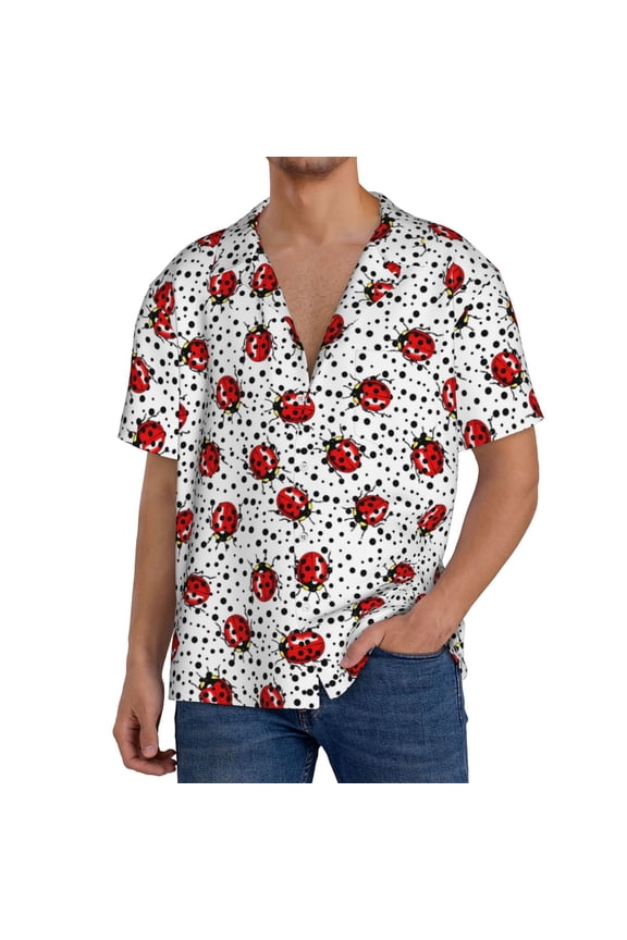 Red Ladybugs On Black Dotted Men's Cuban Shirt, Hawaiian Shirts, Business Casual Button Down Shirts, Short Sleeve Shirt-Medium