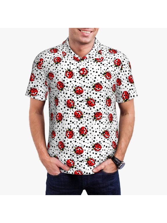 Red Ladybugs On Black Dotted Polo Shirts for Men, Men's Short Sleeve Stretch Polo Shirt, Shirts for Men-4X-Large
