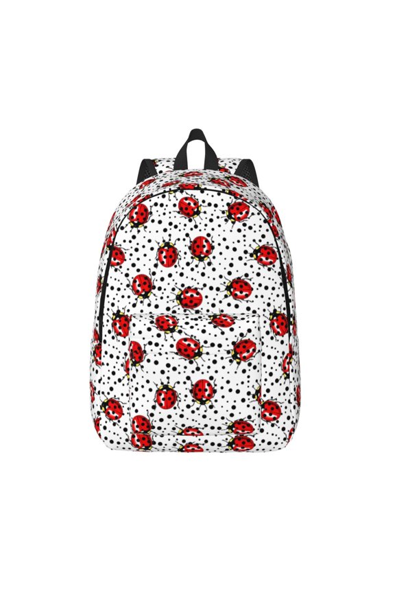 Red Ladybugs On Black Dotted Print Canvas Backpack Travel Rucksack Unisex Knapsack 15.7/17.7Inch Laptop Backpack for Work,College -Medium
