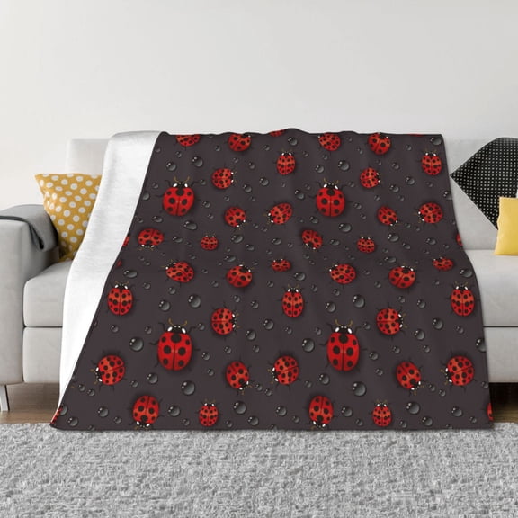 Vsdgher Red Ladybugs On Dark Background Pattern Fleece Throw Blanket, Horizontal Fleece Bedding Home Decor for Couch & Bed All Season Use -50"x40"