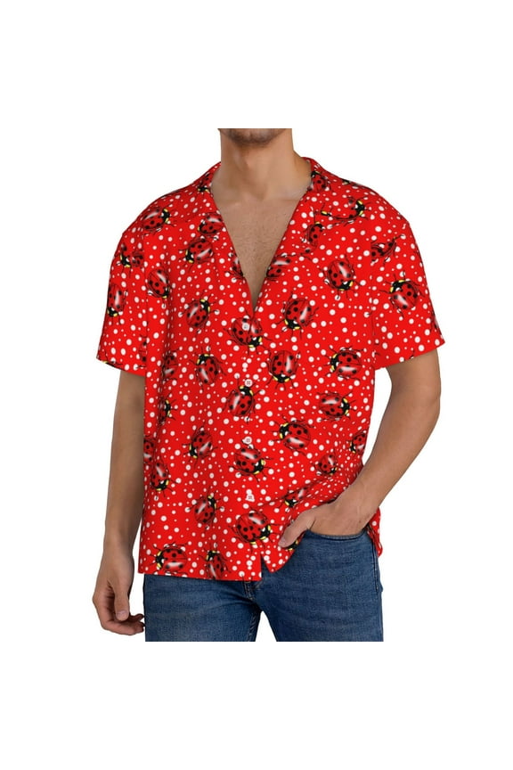 Red Ladybugs On White Dotted Men's Cuban Shirt, Hawaiian Shirts, Business Casual Button Down Shirts, Short Sleeve Shirt-X-Large