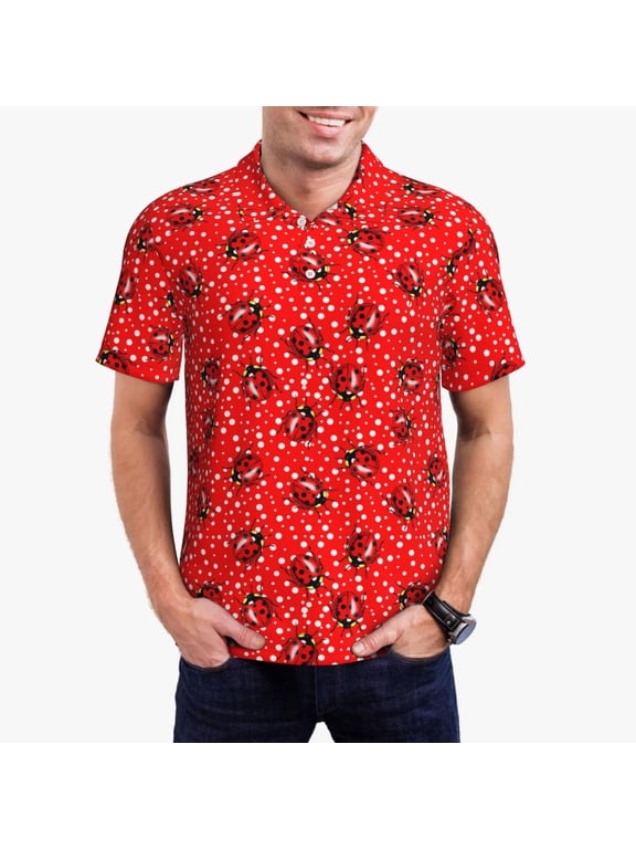 Red Ladybugs On White Dotted Polo Shirts for Men, Men's Short Sleeve Stretch Polo Shirt, Shirts for Men-XX-Large