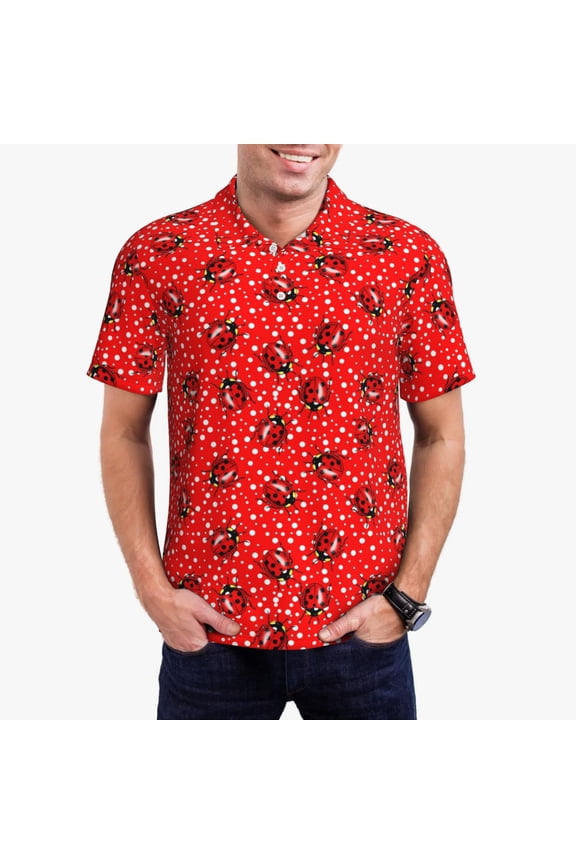 Red Ladybugs On White Dotted Polo Shirts for Men, Men's Short Sleeve Stretch Polo Shirt, Shirts for Men-XX-Large