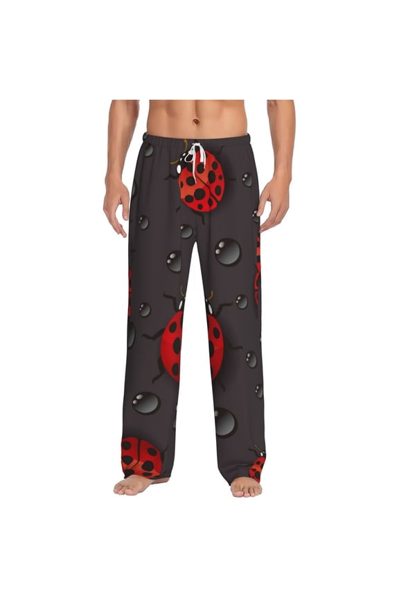 Red Ladybugs Print Mens Pajama Pants Sleep & Lounge Pants, PJ Bottoms With elastic waistb and Pockets