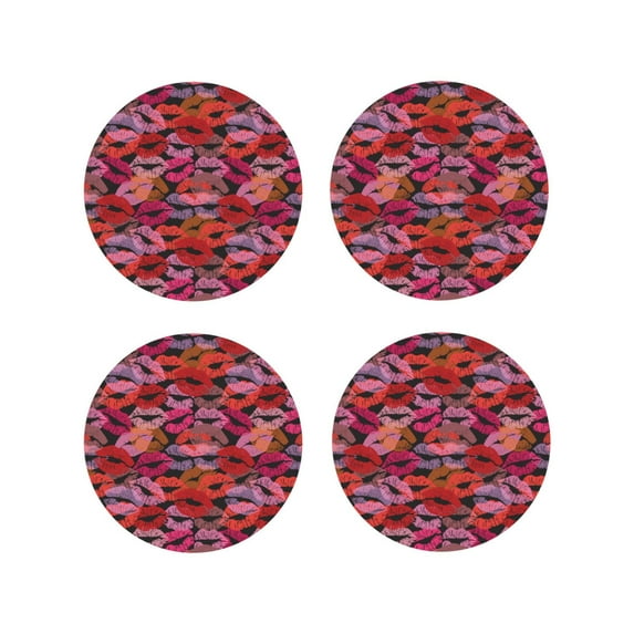 Vsdgher Red Lips Kissing Leather Coasters for Drinks, Durable Drink Coasters 4 Set for Tabletop Protection, Luxurious Home Décor and Housewarming Gift-Round Shape