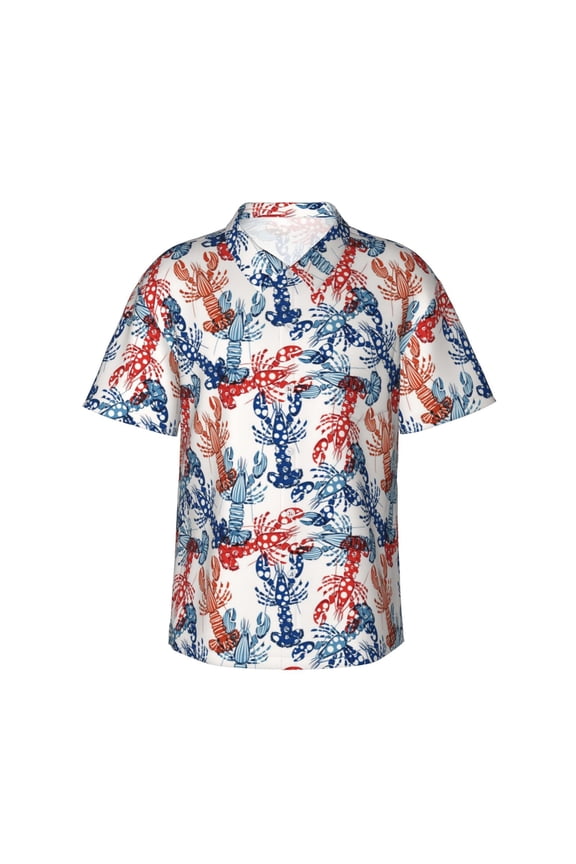 Red Lobster Print Men's Hawaiian Shirts Button Down Tropical Holiday Beach Shirts Vacation Clothes,Large