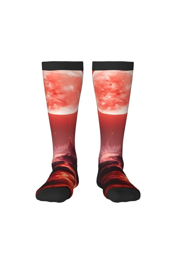 Red Moon Lava Print Thigh High Socks Extra Long Stretchy Sock Women Over Knee High Opaque Stocking Daily Wear