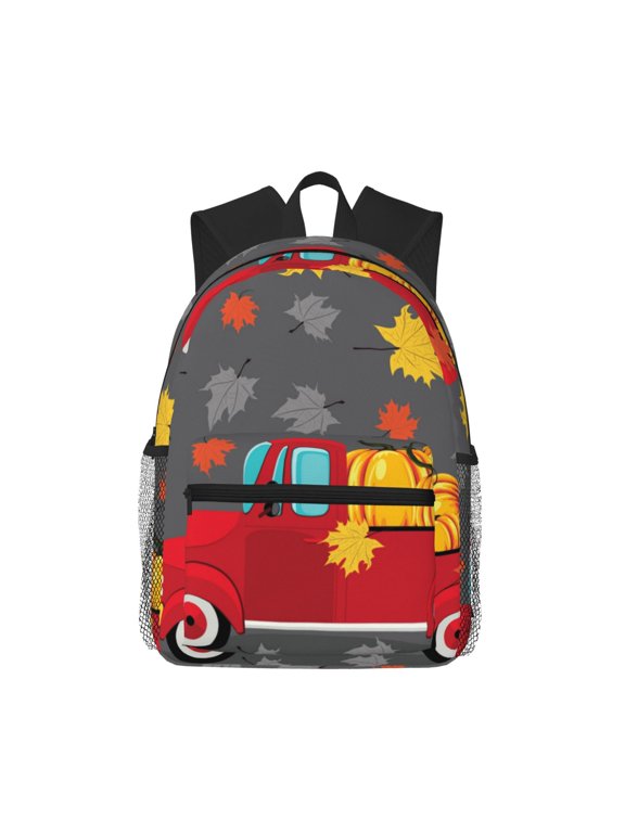 Red Pickup Truck With Pumpkins Unisex Large Capacity Bookbag, Schoolbag, Casual Daypack for High School, College, Teens, Travel, Work
