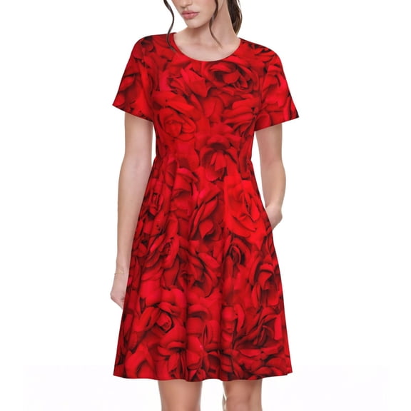 Vsdgher Red Rose for Womens Summer 2025 Casual Midi Maxi Dresses Lightweight Short Sleeve Round Neck Beach Dress -3X-Large