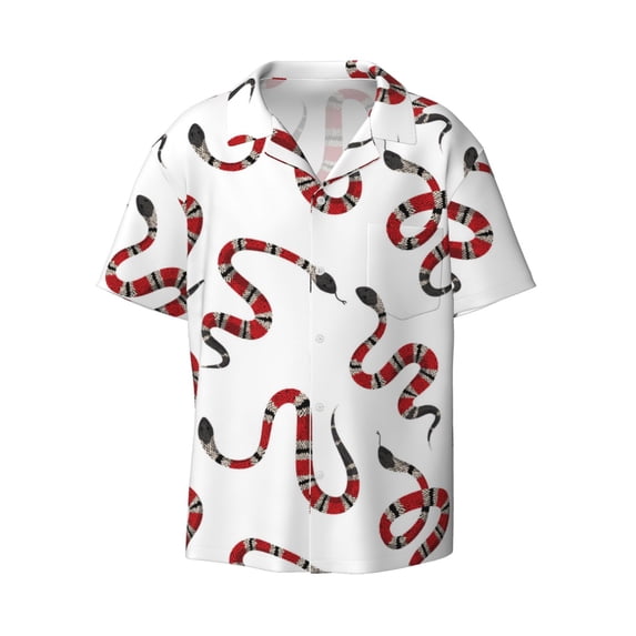 Vsdgher Red Snake Print Men's Wrinkle Free Untucked Cuban Shirt Business Casual Button Down Shirts Short Sleeve Shirt