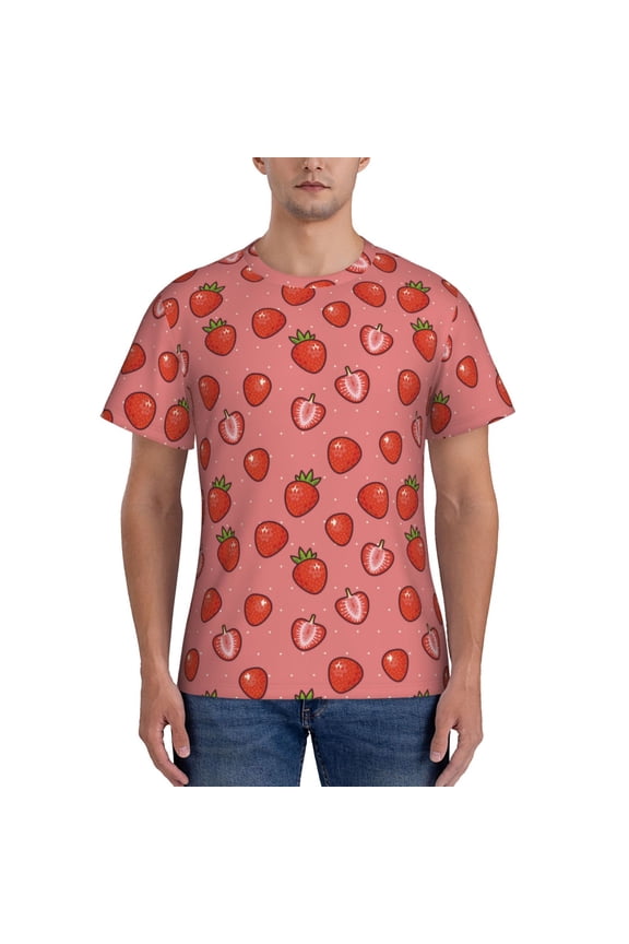 Red Strawberry Print Men's Dry Fit Mesh Athletic Shirts Moisture Wicking Tennis T-Shirt Tops