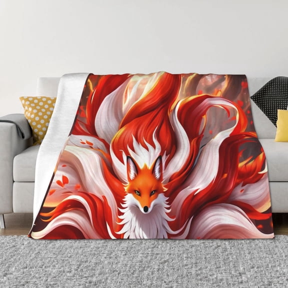 Vsdgher Red Sun Flame Fox Pattern Fleece Throw Blanket, Horizontal Fleece Bedding Home Decor for Couch & Bed All Season Use -80"x60"