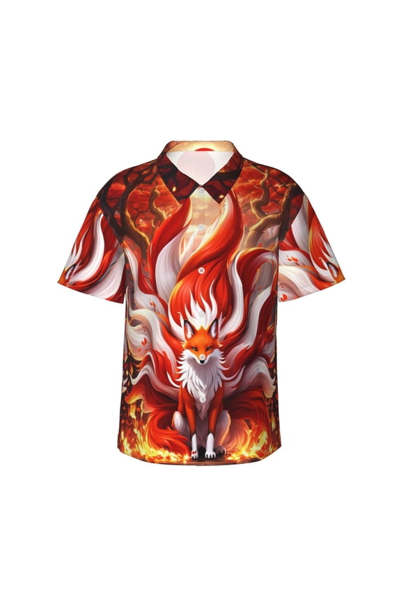 Red Sun Flame Fox Print Men's Hawaiian Shirts Button Down Tropical Holiday Beach Shirts Vacation Clothes,Large